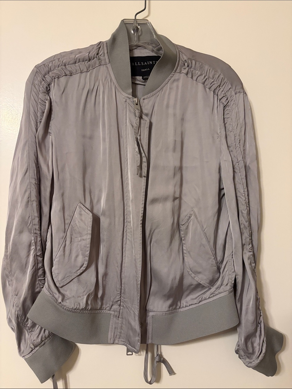AllSaints Light Gray Satin Bomber Jacket